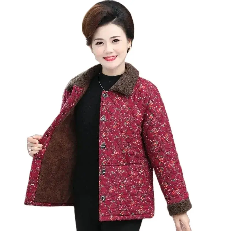 Single-Breasted Add Velvet Keep Warm Mom Autumn Winter Cotton-Padded Clothes Cotton Coat Loose And Comfortable  Ladies Jacket