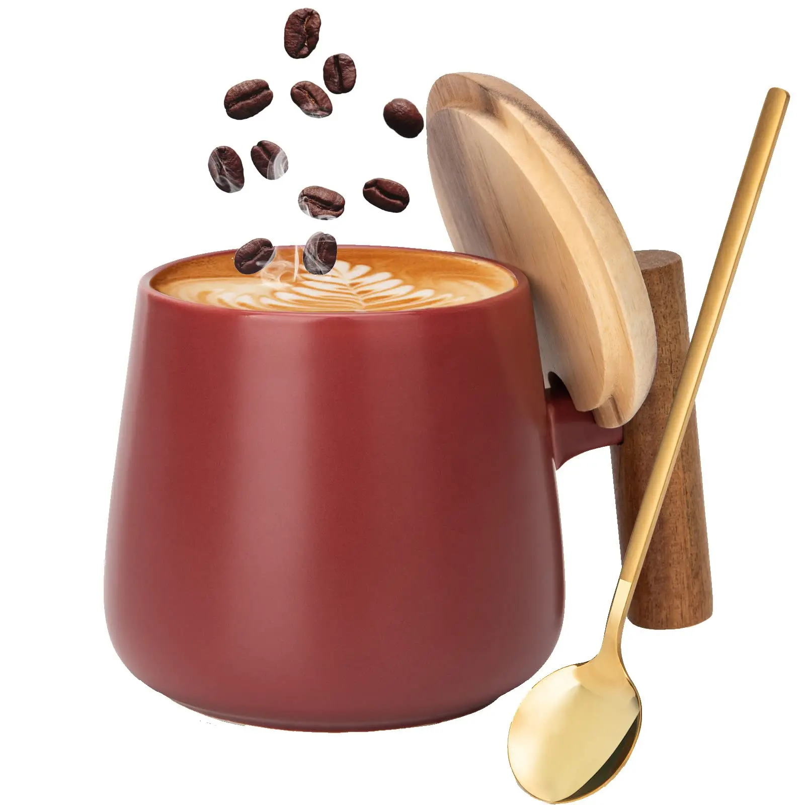 

European Ceramic Cup Coffee Cup With Wooden Lid Gold Spoon, Wooden Handle Large Capacity Coffee Cup Office Kitchen