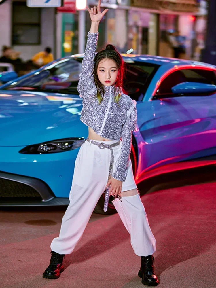 Roupa infantil de performance de dança de rua jazz nova primavera/verão lantejoulas hip hop conjunto de fantasia legal para meninas