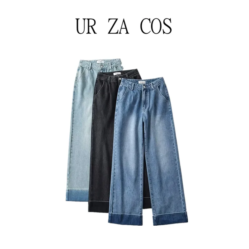 Dżinsy z wysokim stanem i szerokimi nogawkami Luźny krój Wszechstronne Wiosna Lato Nowy damski design Długie spodnie z mankietami Casual Faionable