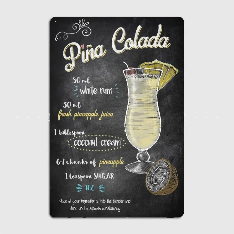 Pina Colada  Customizable Kitchen Food Poster Metal Plaque for Wall Decor in Modern Home Bar Restaurant