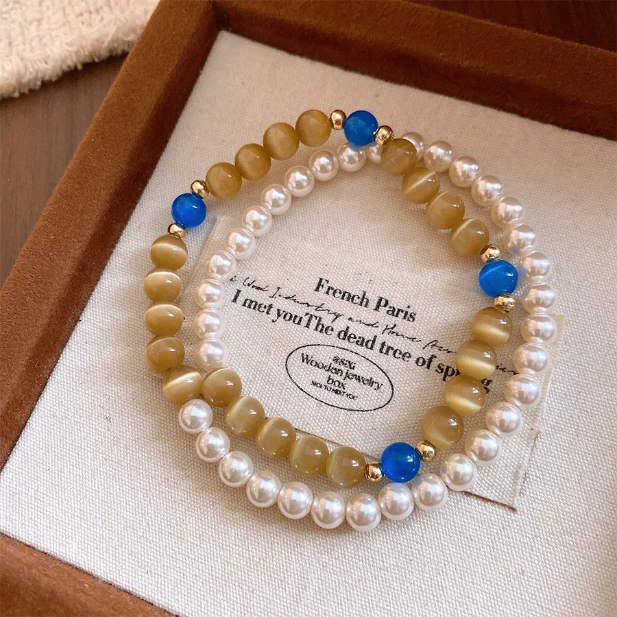 Chinese Style Long Retro Coffee Opal Bracelets Women Imitation Pearl Strand Bracelet Gentle Vintage Fashion Stackable Jewelry K
