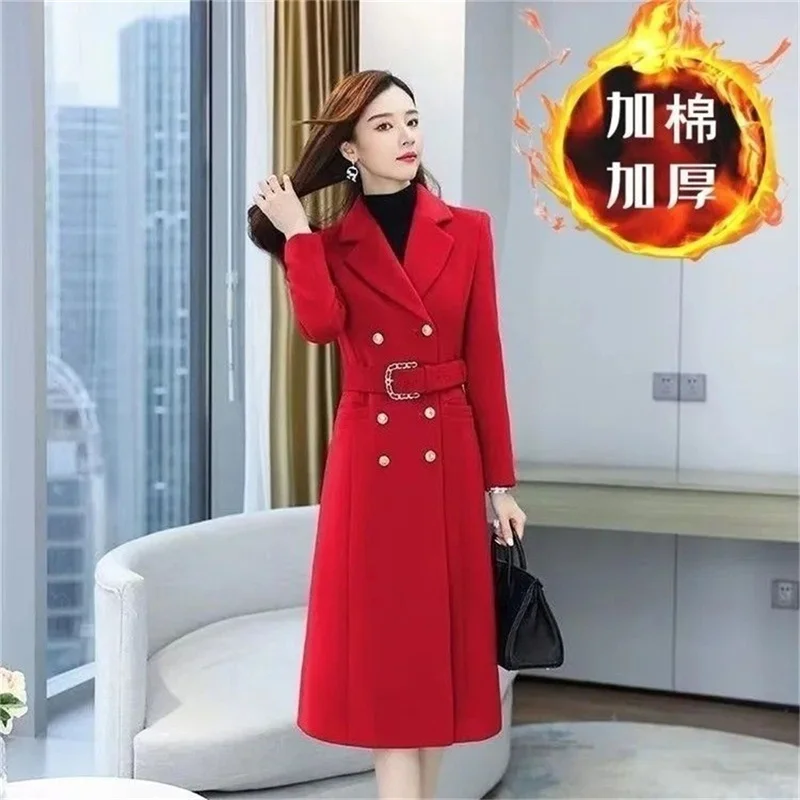 Quick Black Woolen Coat Women\'s Mid-Long 2021 New Spring Autumn Popular Hepburn Style Red Woolen Coat Femme Jacket Loose Botton