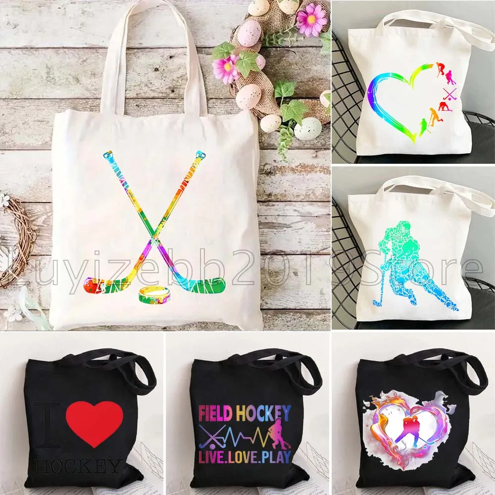Jugador de Hockey sobre el campo, regalos para amantes del patín de Hockey sobre hielo, bolso grande de lona para hombres y mujeres, bolso de compras Harajuku, bolso de compras de algodón