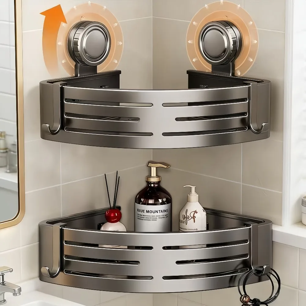 Space Saving Drill Free Suction Cup Bathroom Storage Rack Sturdy Triangular Corner Frame with Towel Hook Rod for Shower Room