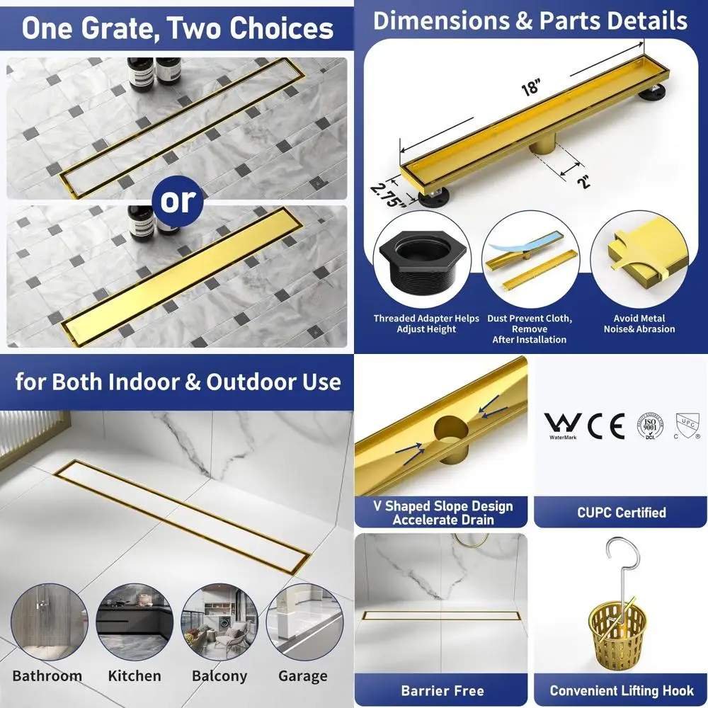 

18 Brushed Gold Linear Shower Drain with Tiled Insert and Hair Catcher, 304 Stainless Steel, CUPC Certified