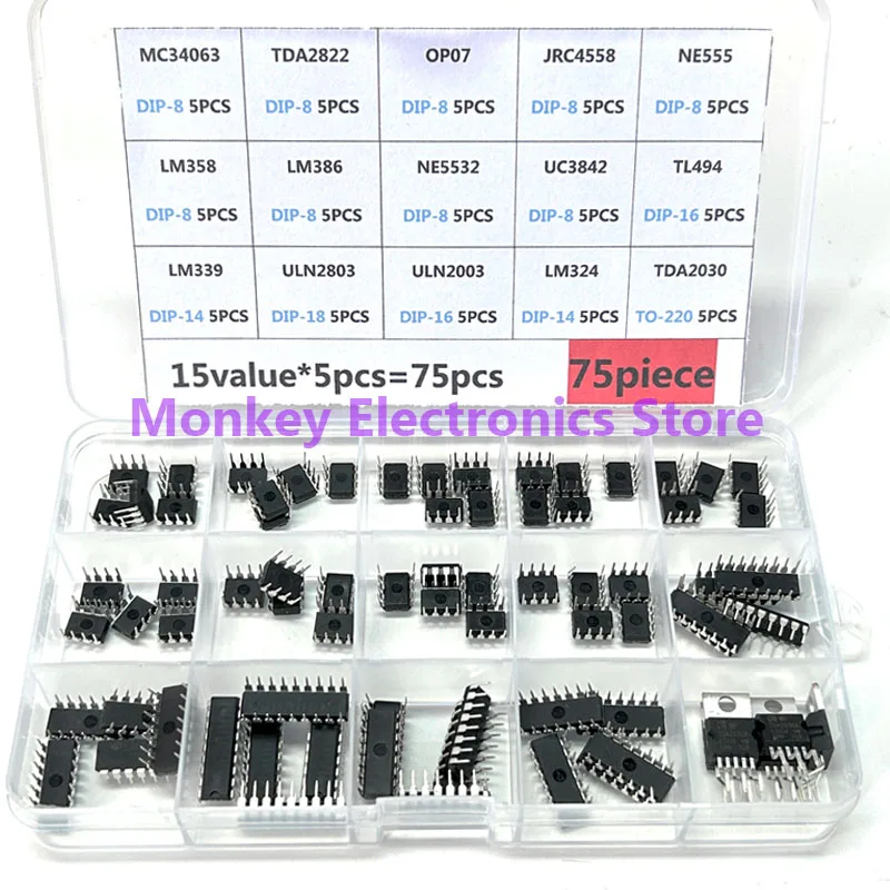 Boîte de kit de circuits intégrés IC DIP, LM358, LM386, corde N2003, LM324, NE555, MC34063, TL494, corde N2803, LM324, TDA2030, LM339, corde N2803, TDA782, 75 pièces