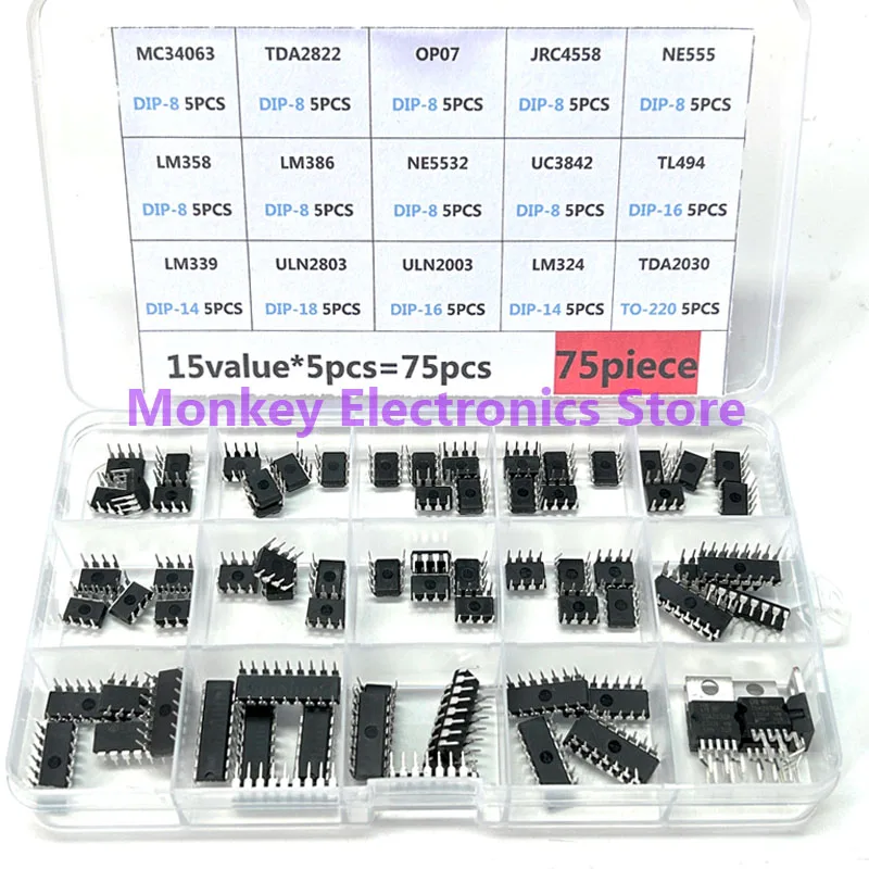 75pcs Integrated Circuit IC DIP Kit Box LM358 LM386 ULN2003 LM324 NE555 MC34063 TL494 ULN2803 LM324 TDA2030 LM339 ULN2803 TDA782