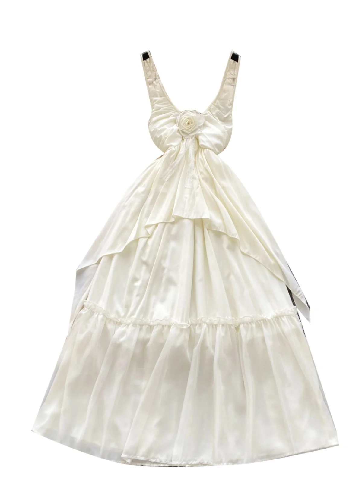 Vestido largo sin espalda con encaje y tirantes de flores 3D "Gentle Breeze" para mujer, estilo hada, ideal para vacaciones, ...