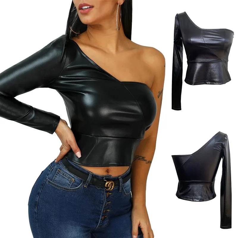 

Sexy One Shoulder Crop Top T Shirt Women PU Leather Diagonal Collar Long Sleeve Tshirt Slim Casual Basic Black Bodycon Tees Tops