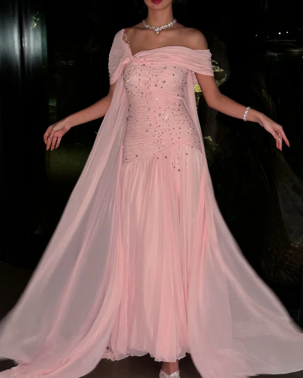 

Customized Exquisite Pastrol Chiffon Pleat Rhinestone A-line Off-the-shoulder Long Dresses Bespoke Occasion Dresses High Quality