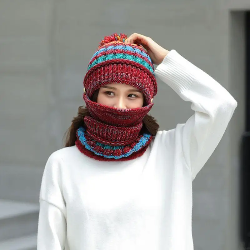 3 Pcs/set Winter Trend Youth Casual Wool Hedging Cap Women Warm Mixed Color Knit Hat Scarf Mask Set Y08E
