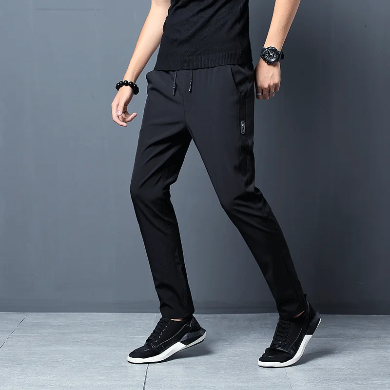 

Stylish Casual Elastic Trousers Men's Clothing Solid Color Korean Pencil Daily Summer Drawstring All-match Zipper Pockets Pants