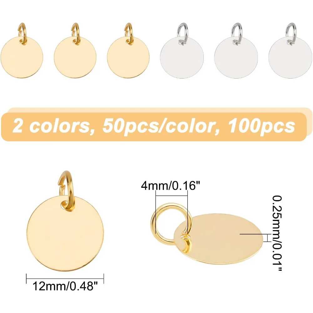 100 Pcs 2 Colors Round Metal Pendant, 12mm Blank StampingTag Flat Round StampingTag Charms, Smooth Polished Disc Pendants