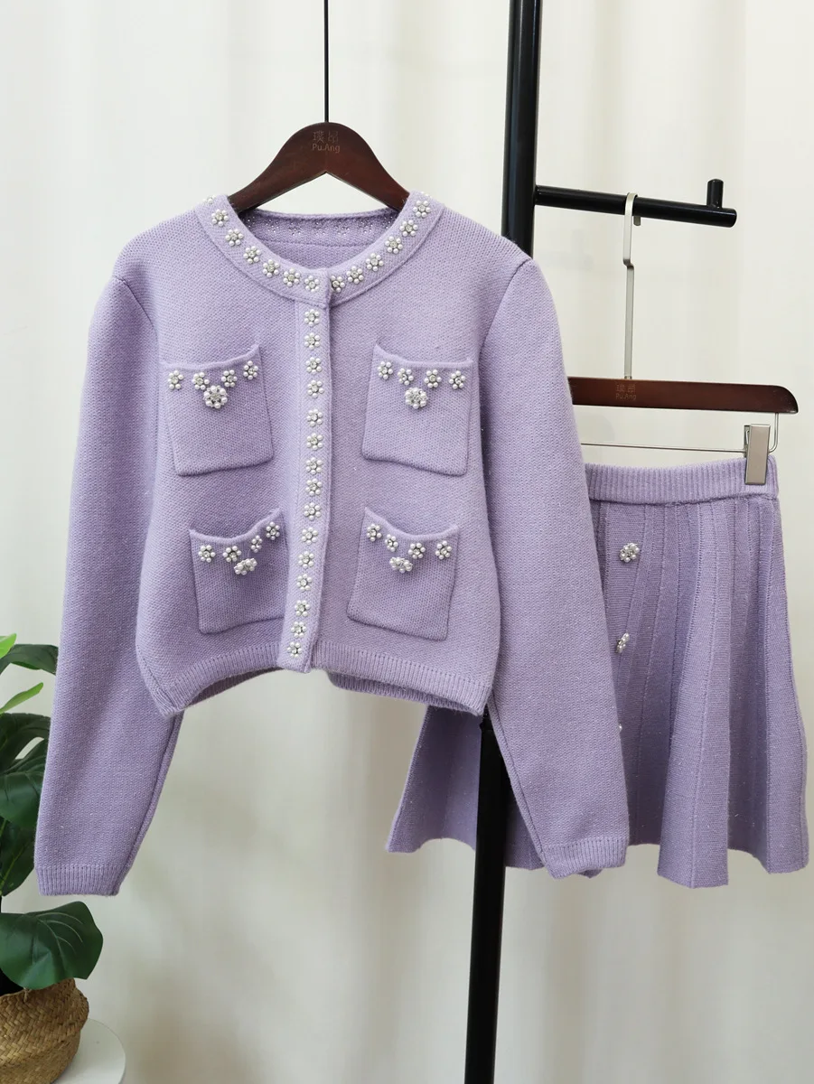 Elegant Small Fragrance Knitted 2-Piece Set Women\'s Spring and Autumn New Pearl Decoration Outfit Short Cardigan+Pleated Skirt