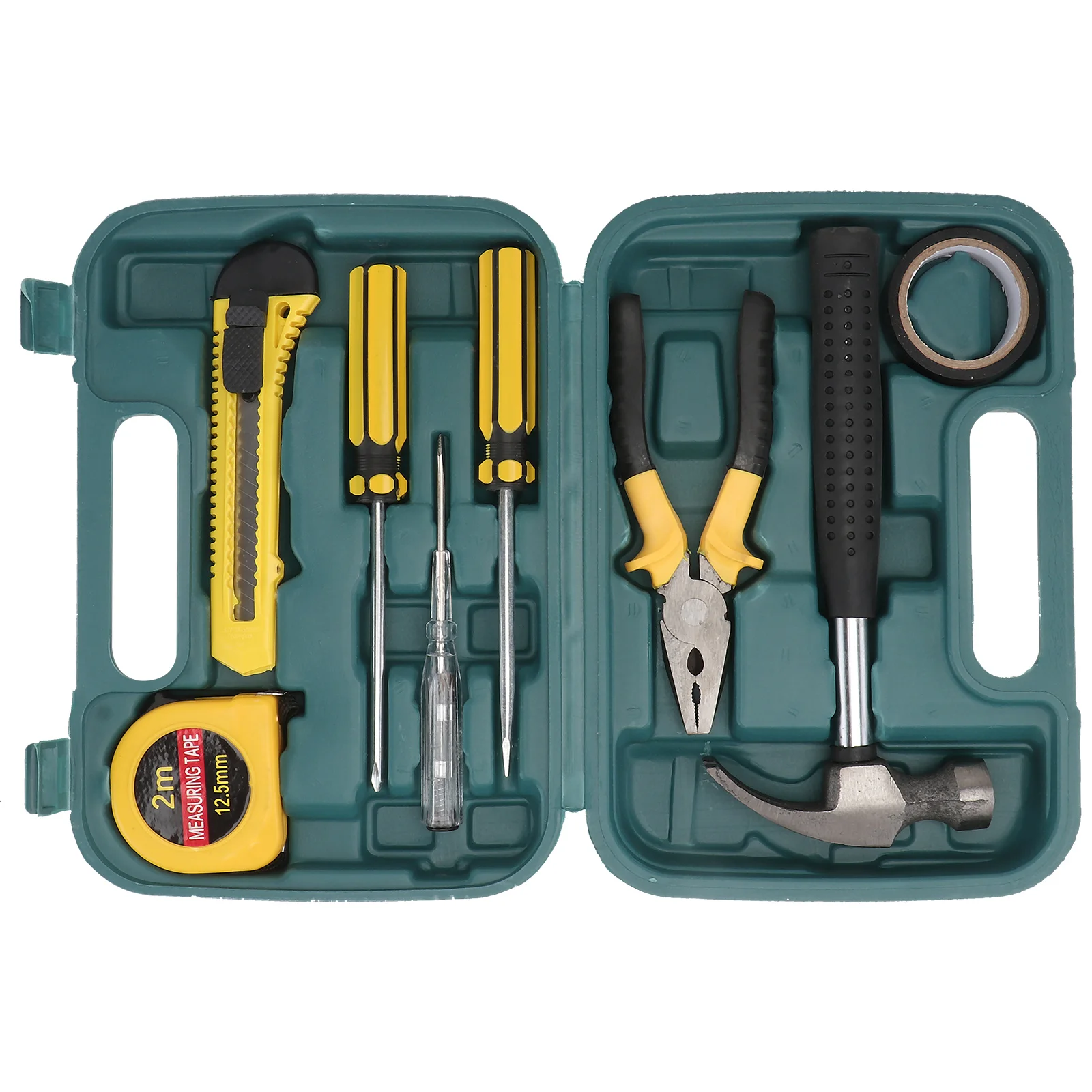 9Pcs Household Tool Kit Multifunctional Repair Tools Storage Case Include Screwdriver Hammer Pliers Tape Measure Digital Tester