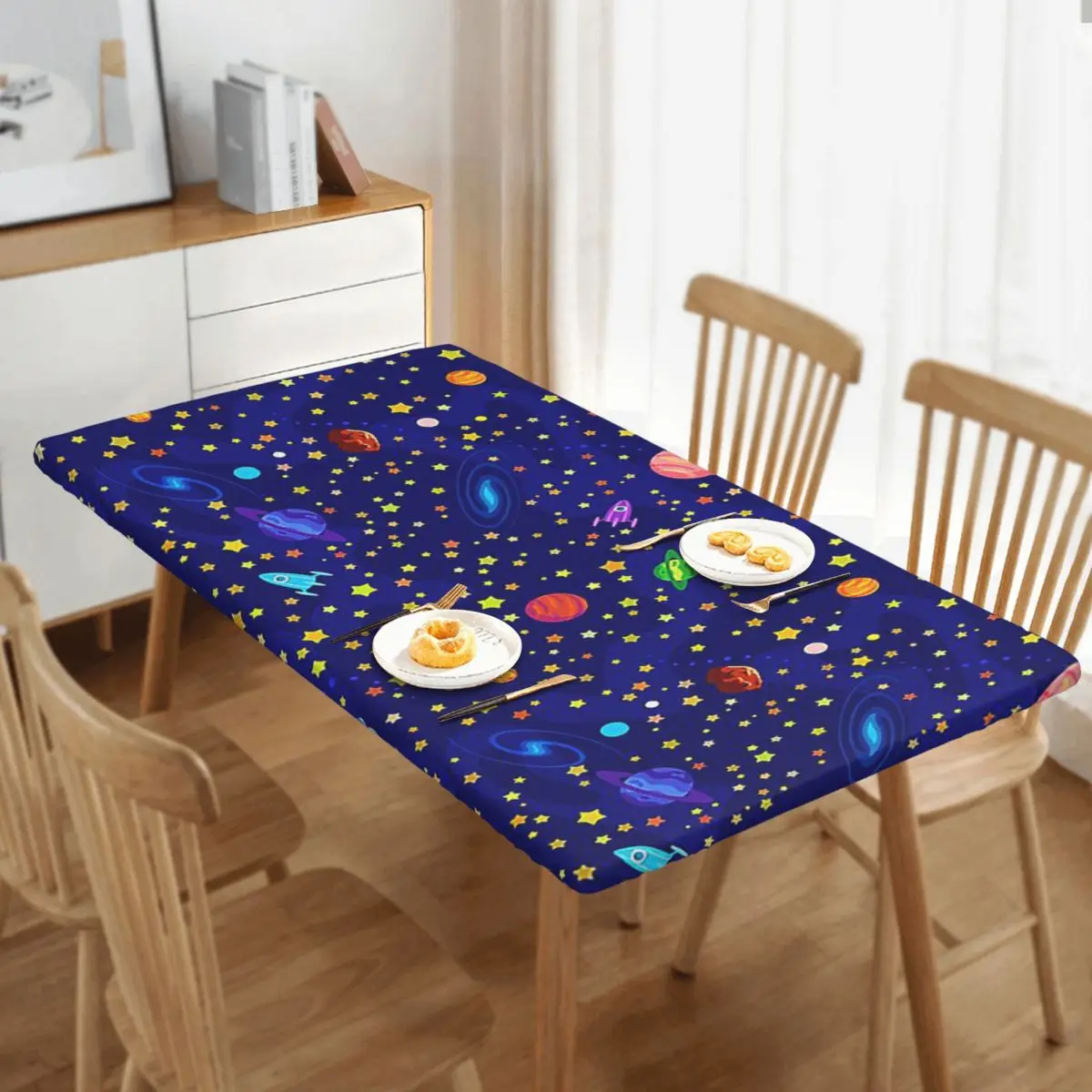 Starry Sky Space Galaxy Sun Moon Custom Rectangular Tablecloth Oilproof Table Cover for Dining Events Table Cloth