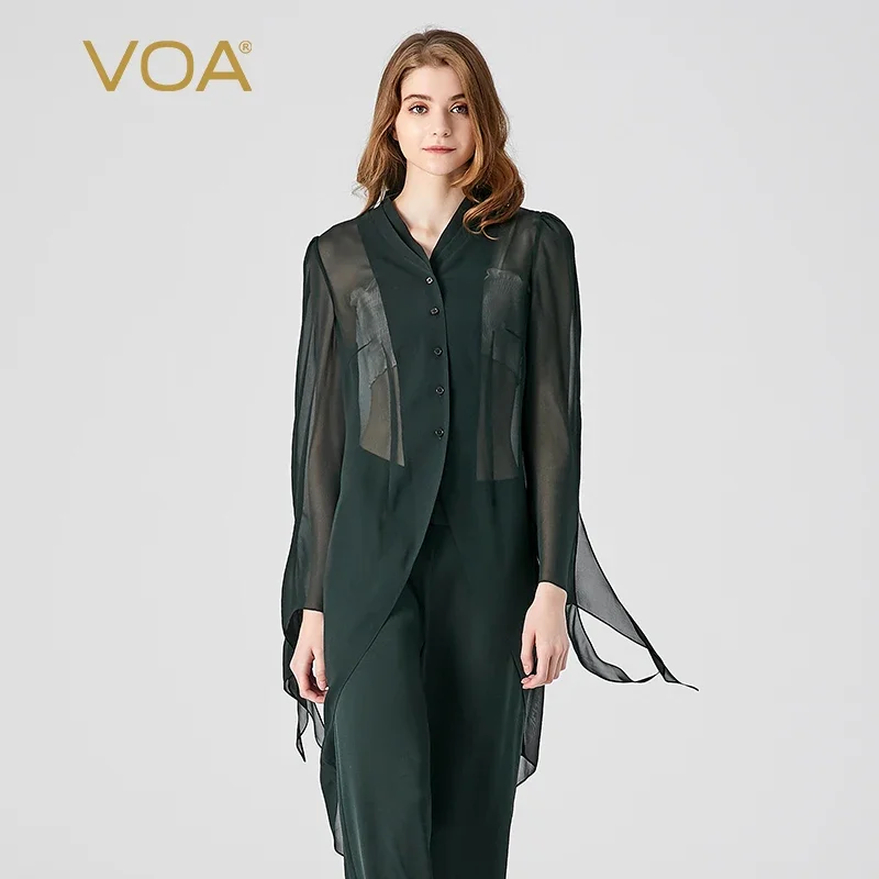 

VOA 100% Real Mulberry Silk Georgette Dark Green Double Collar Long Sleeve Three Button Simple Straight Thin Trench Coat FE378
