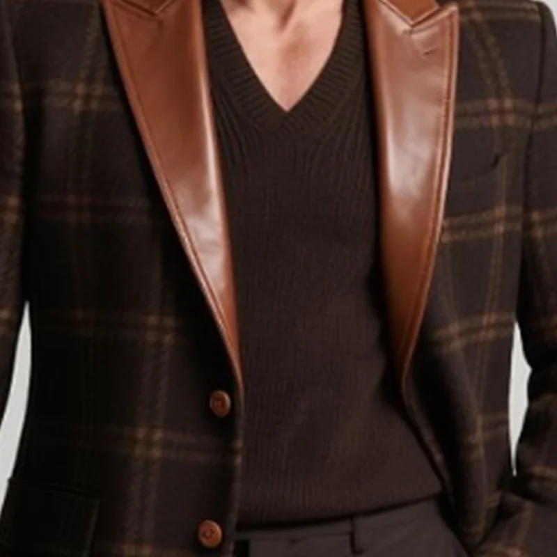 

Men Suit Blazer Tuxedo Coat Business Party Groom Wear Classic Peaked Breasted PU Splicing Plaid Lapel Formal Mens Wedding Jacket