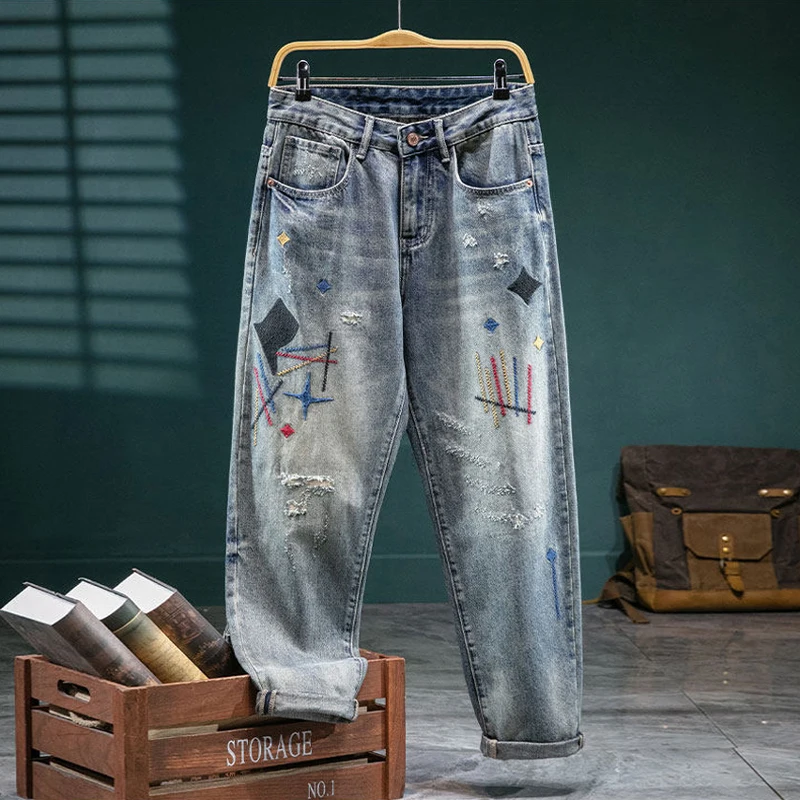 

Y2K Street Designer Fashion Men Jeans Retro Blue Loose Fit Embroidery Ripped Jeans Men Hip Hop Vintage Straight Denim Pants