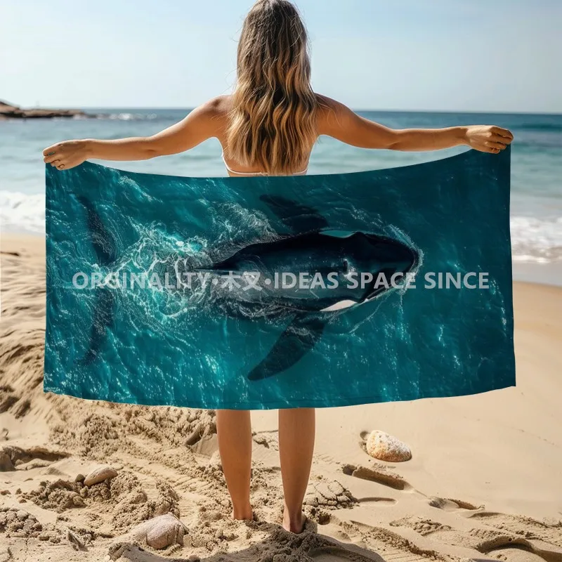 Orca in Teal Ocean Beach Towel Patterned Sunscreen And Windproof Suitable For Swimming Pool Camping Travel