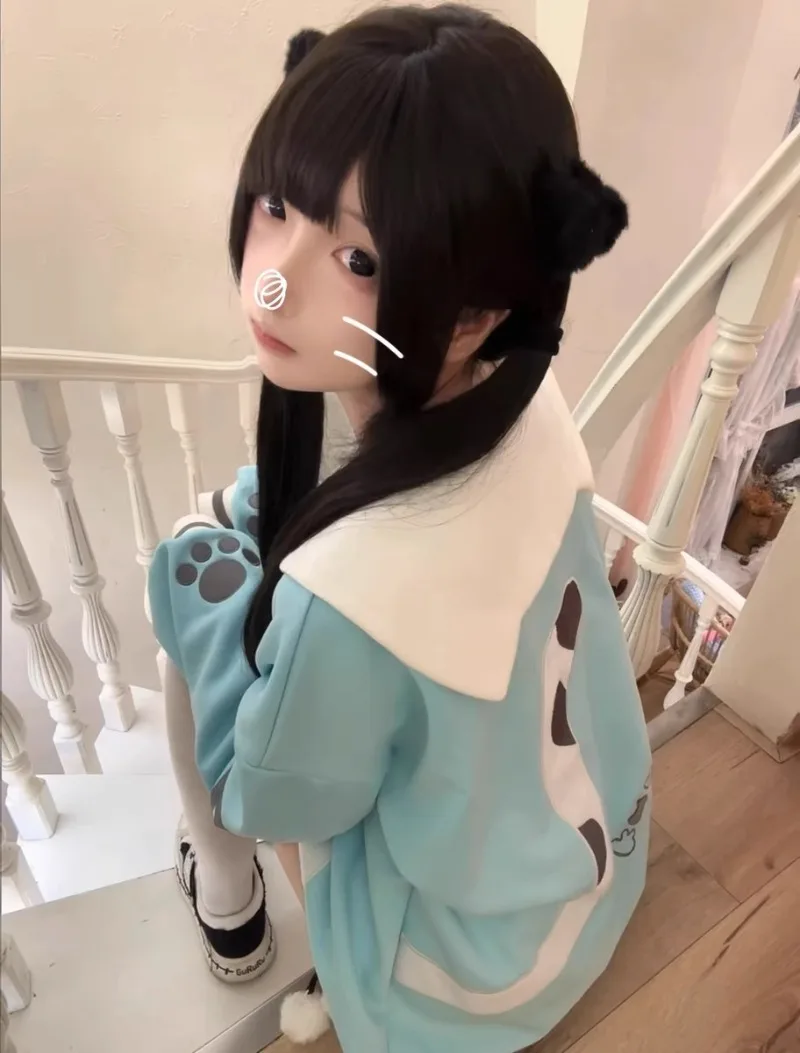 Japanese Subculture Y2k Millennial Two-dimensional Navy Cat Ear Collar Embroidered Tie Cat Pattern Top Trendy Sweater For Women