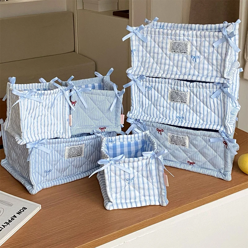 2026 Neuer Blau Gestreifter Gesteppter Aufbewahrungskorb Desktop-Aufbewahrungskorb für Kleinteile Aufbewahrungsbox Kosmetik-Sortierbox Wohndekoration