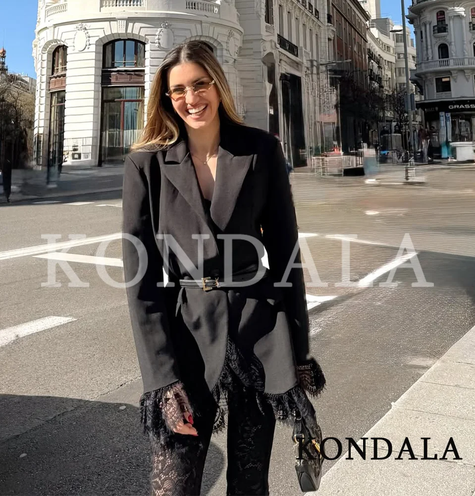 KONDALA Romantic Chic Lace Hem Blazer Women's High Street Buttons Slim Blazer New 2026 Spring Summer Trendy Holiday Lady Blazer