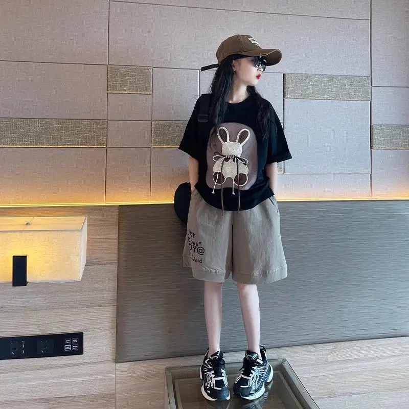 Girls Summer 2025 New Trendy Casual Cartoon Print Breathable Tees+Shorts 2pcs Suits 4-14 Years Teenage Kids Streetwear Clothes