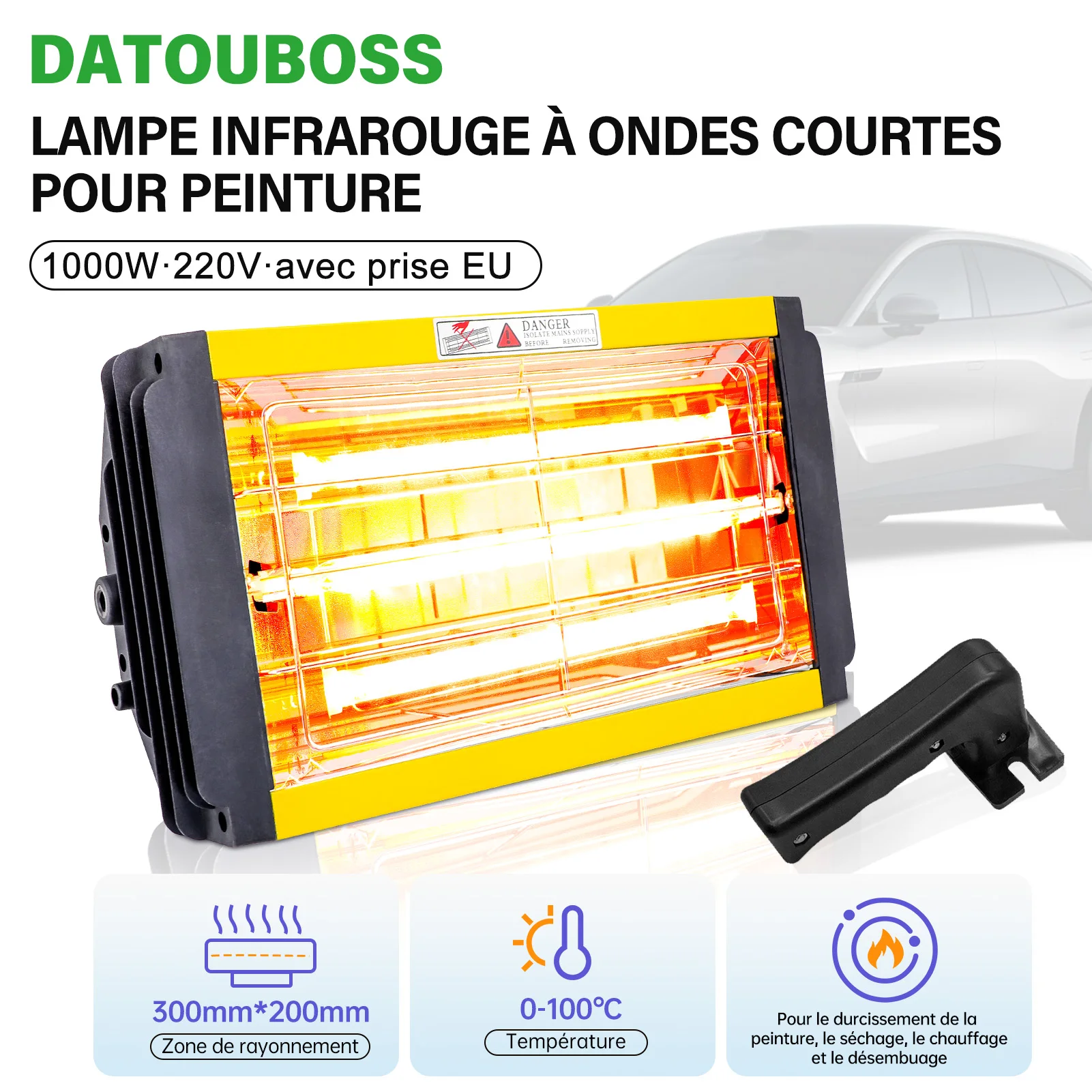 Lampe infrarouge à ondes courtes DATOUBOSS 1000W, prise européenne 220V, zone de séchage 300 × 200 mm pour la séchage de la peinture automobile avec fonction minuterie