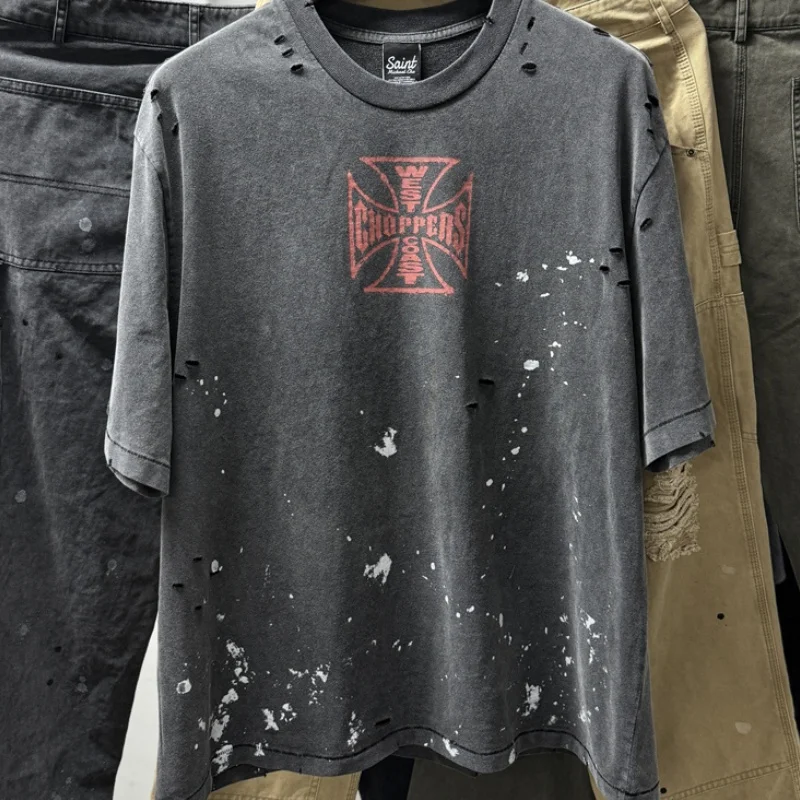 

Cross Letter Printed Hip-hop West Coast T Shirt Retro Splashed Ink Wash Do Old Short Sleeved T-shirt Men's Women's Top