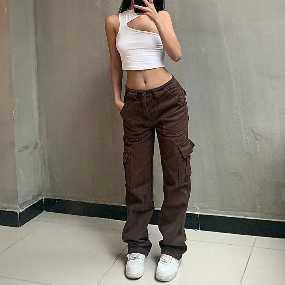 

High Waisted Cargo Pants Women Pocket Fashion Straight Long Trousers Ladies StreetwearCasual Vintage Baggy Wide Leg Jeans Woman