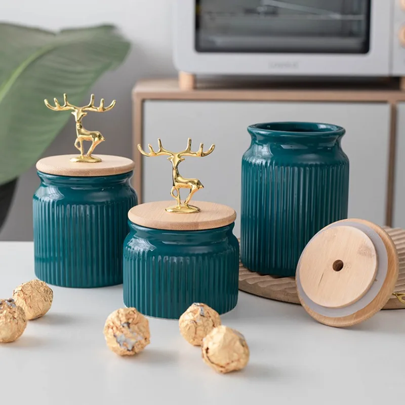 

Nordic Light Luxury Ceramic Sealed Jar Golden Deer Wooden Lid Grain Storage Box Coffee Bean Storage Container Ceramic Jar