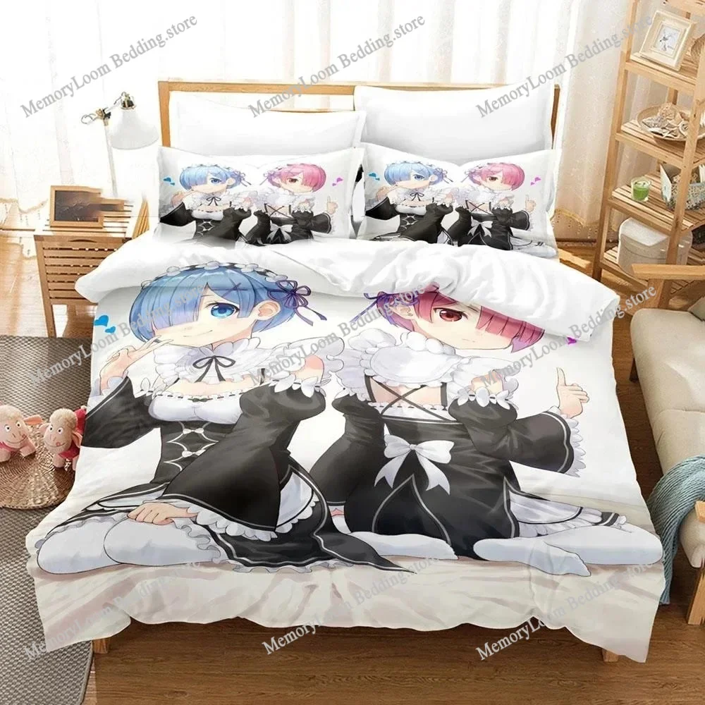 

Anime Character Cute Re Zero Rem Ram Emilia Bedding Set Full/Queen/King Size Duvet Cover Pillowcase Kids Adult Soft Home Textile