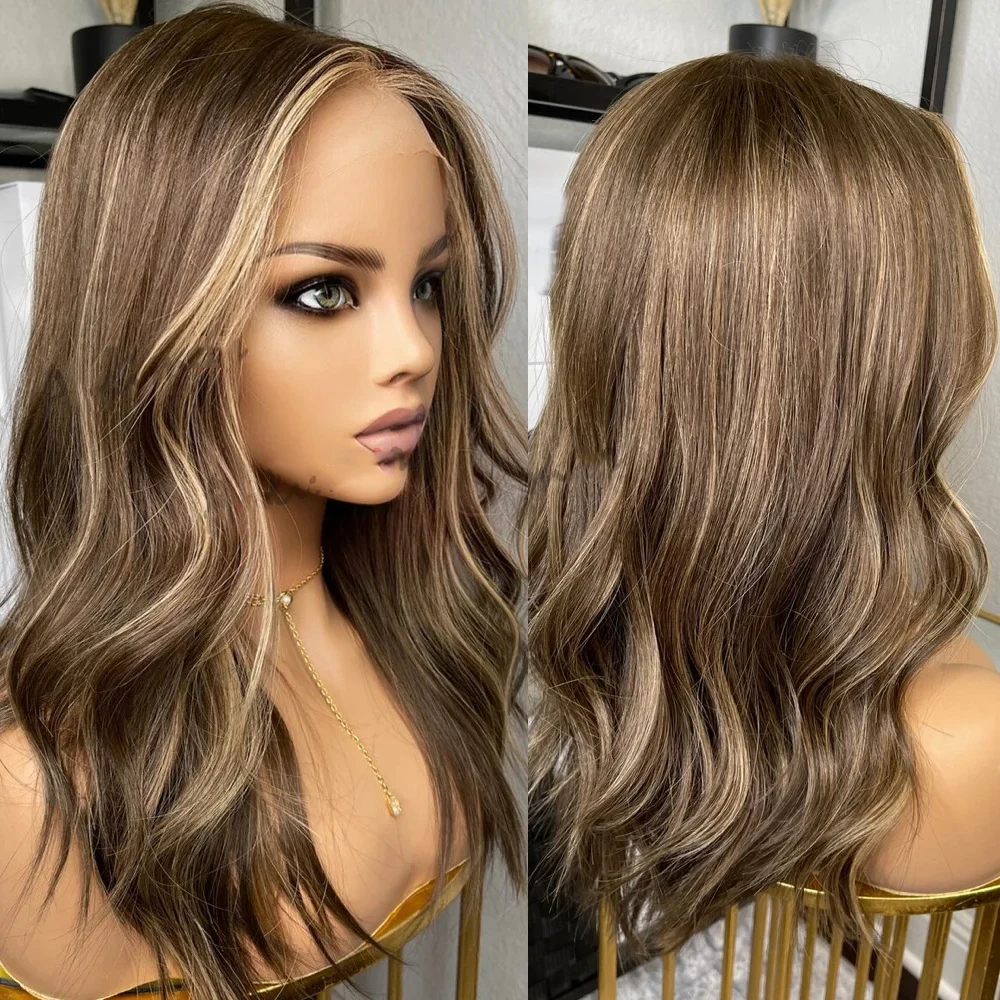 

Highlighted Wigs 13x4 Lace Front Wigs Futural Synthetic Wigs Realisitc Brunette Body Wave Wigs for Women Heat Resistatn Fibre