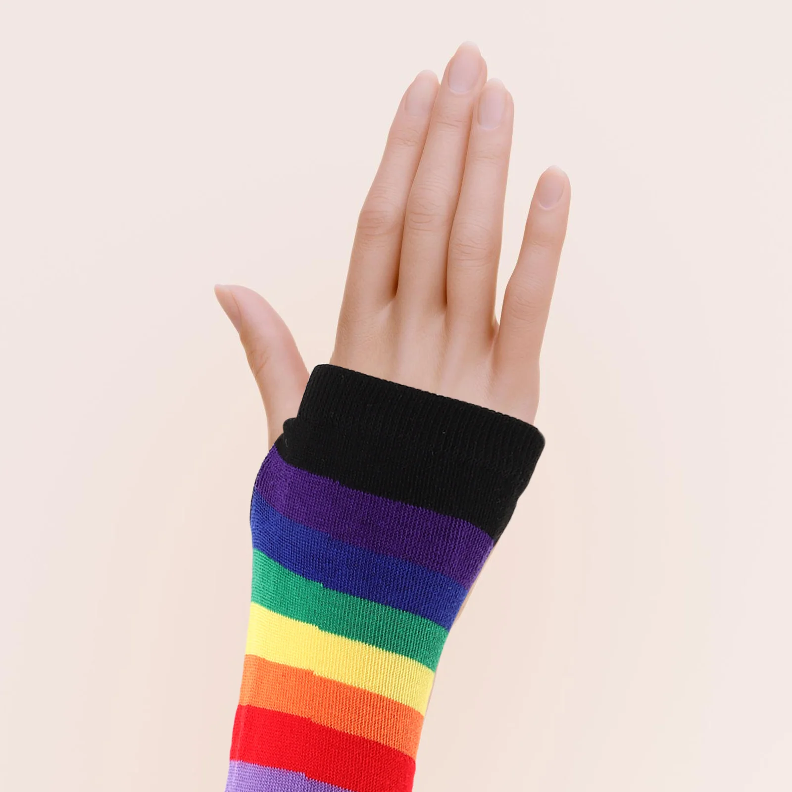 Luvas de malha arco-íris sem dedos, listradas vibrantes, acessórios para festa do orgulho, material macio e aconchegante, aquecedores de braço longo, guarda-roupa de inverno