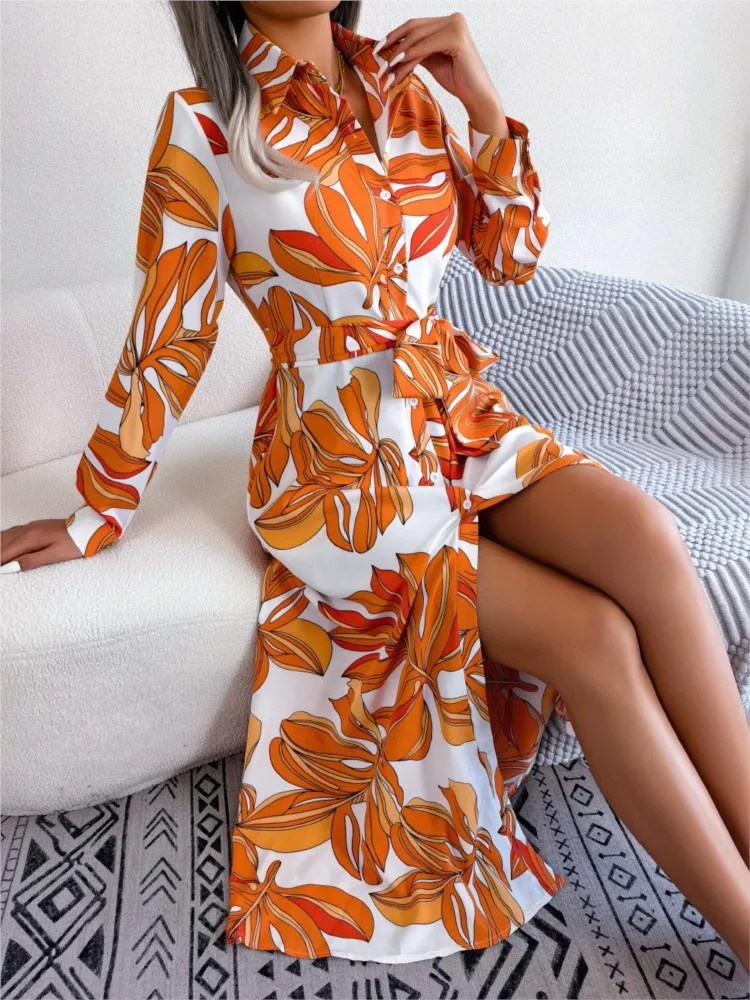 

Women's Spring Summer New Fashion Print Contrasting Flower Lapel Tie Waist Cinched Long Sleeved Shirt Skirt Mid Length Skirt