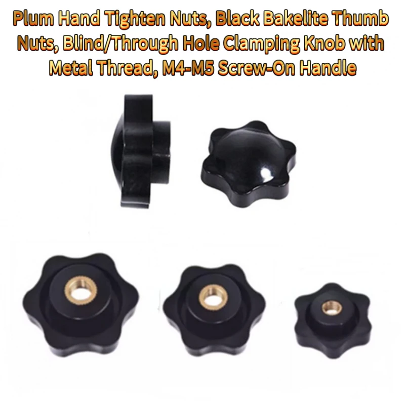 10pcs Plum Hand Tighten Nuts,Black Bakelite Thumb Nuts,Blind/Through Hole Clamping Knob With Metal Thread,M4-M12 Screw-On Handle