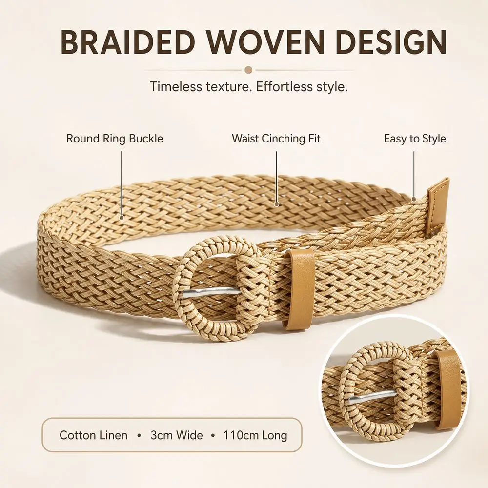 Adjustable Fit Woven Waist Belt Vintage Style Ethnic Style Women Waist Belt Round Ring Buckle Braided Waist Belt Daily Outfits