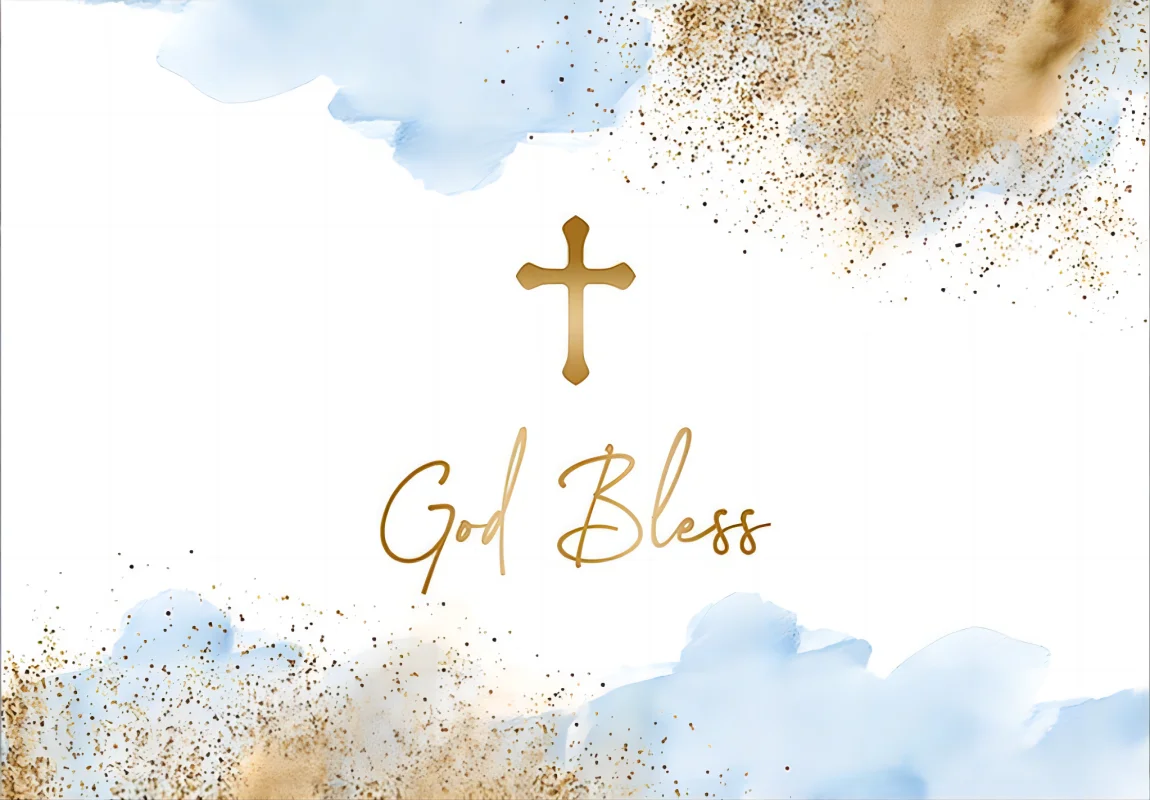 God Bless Backdrop Boy Holy Communion Baptism Christening Party Decoration Blue Watercolor Clouds Gold Cross Background Banner