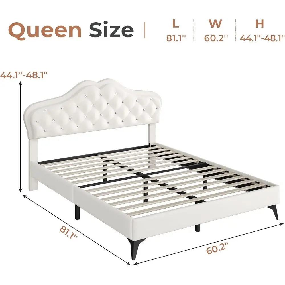 Queen Size Upholstered Bed Frame with LED Lighting, Crystal Button Headboard, Girls' Princess Platform Bed, Solid Wood Slat Supp