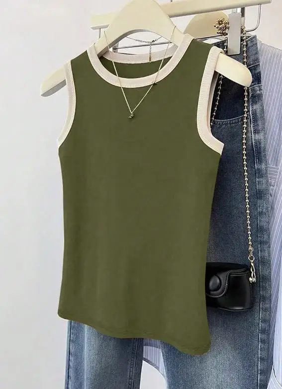

Women's Vest Summer Classic Fashion Casual Style Contrasting Color Splicing Round Neck Tight Fitting Sleeveless Knitted Vest