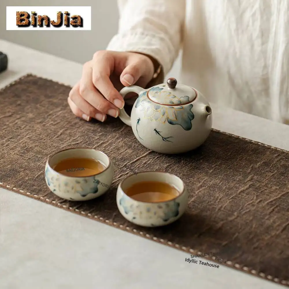 Beige Ru Kiln Decal Fish Playing Lotus Travel Tea Set Kit Elegant 1 Pot 2 Cups Tea Making Organizer Portable Camping Handbag