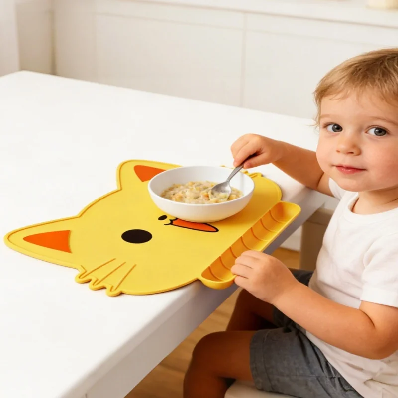 Reusable Silicone Kids Placemat Non Slip Food Catching Pocket Easy Clean Cartoon Mat For Toddler Dining Time