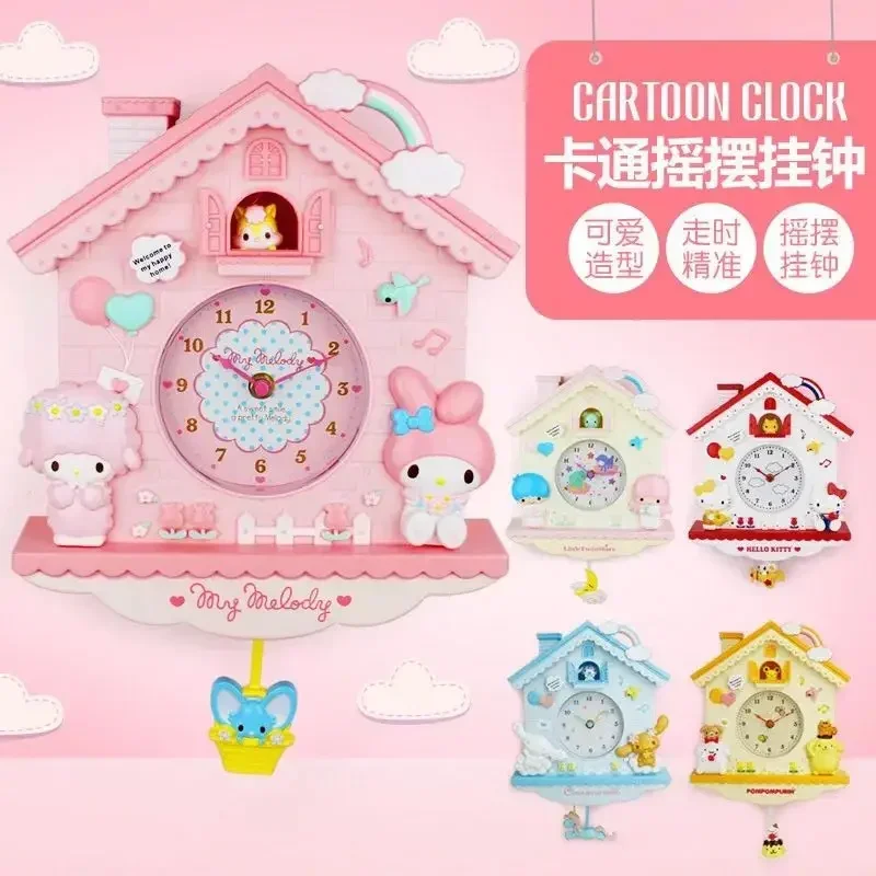 Miniso Sanrio Hello Kitty Wall Clock Decoration My Melody Cinnamoroll Clock Pendulum Clock Girl Room Pendant Kawaii Wall Decor