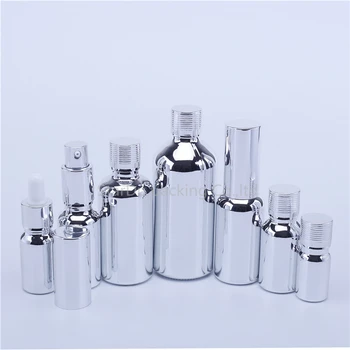 12pcs 5ml-100ml empty UV electroplate silver perfume cream spray lotion pump refillable essential oil dropper glass bottles