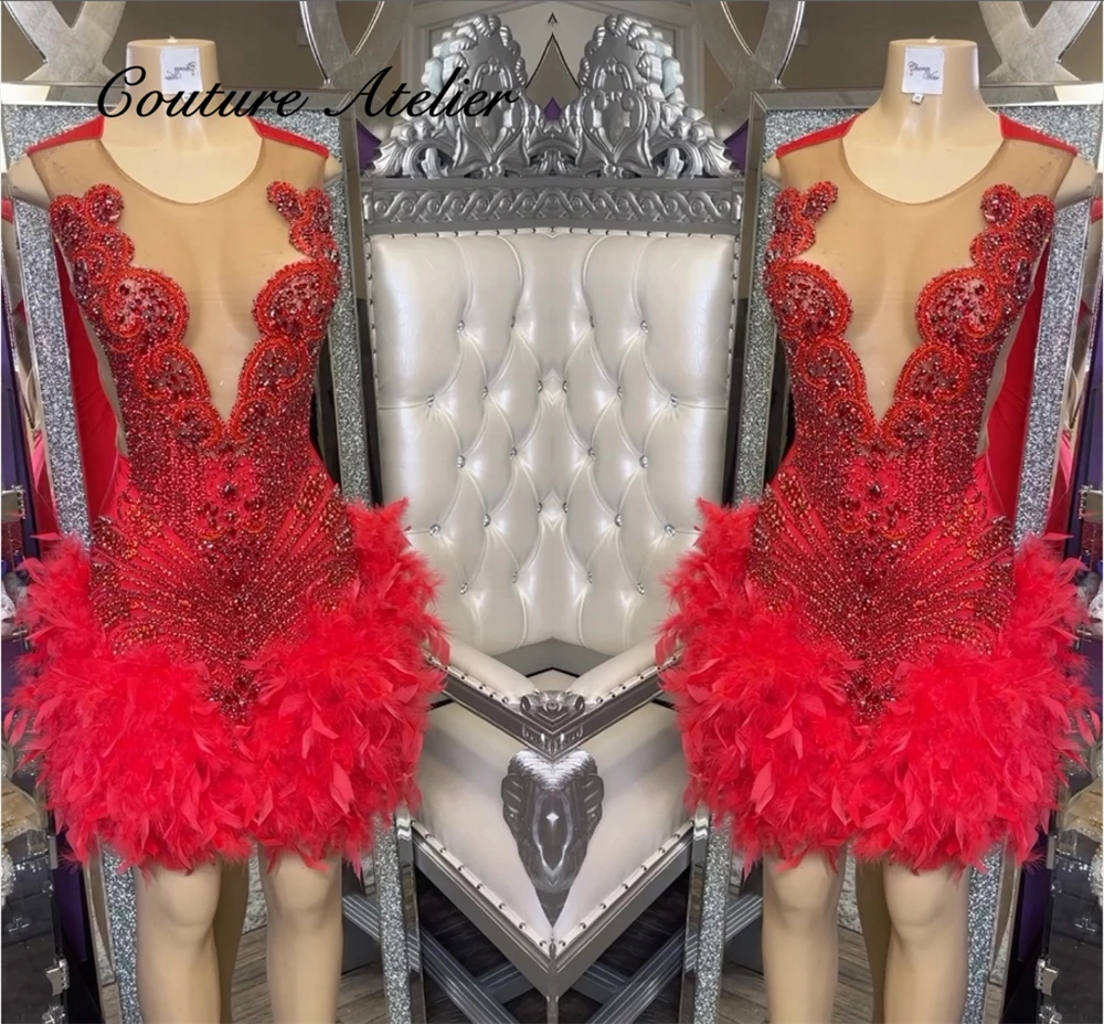 Red O Neck Prom Dress Beaded Rhinestones Feathers Mermaid Homecoming Dresses Black Girl 2024 Birthday Luxury Dress Mini Cocktail