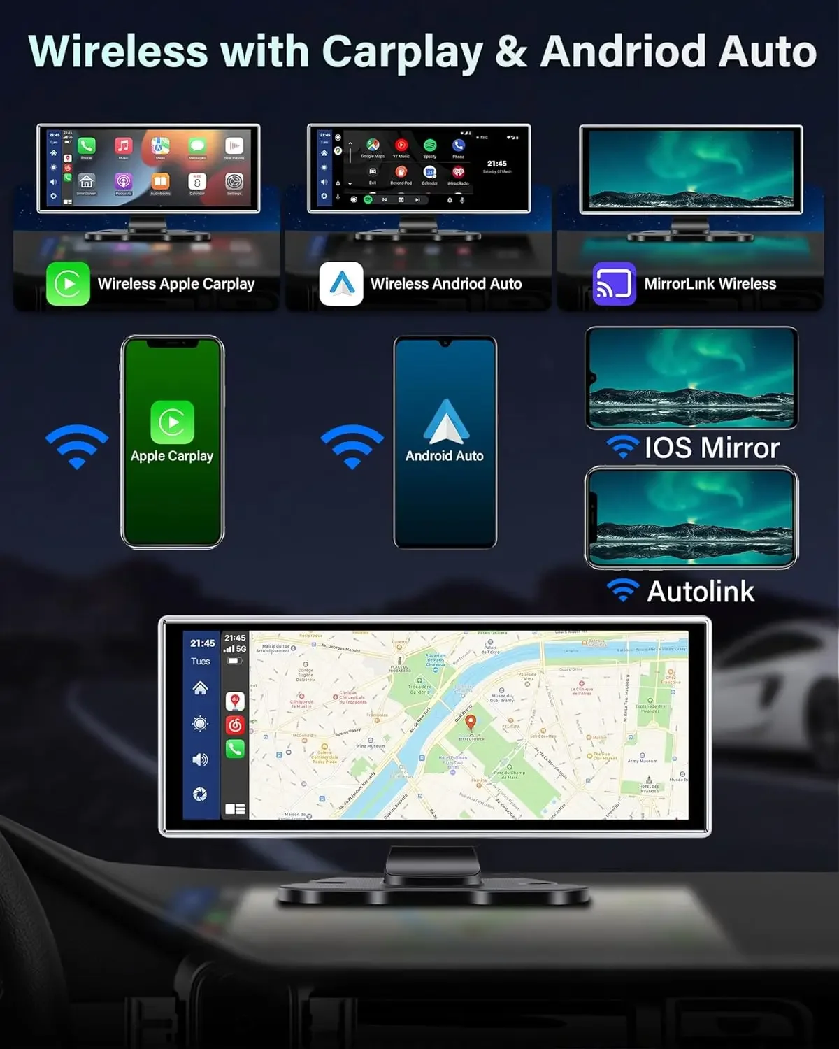 Srnubi 10,26/11,26" Auto Carplay Android Auto DVR 4K Kamera Android Auto Dashcam Fahrvideo-Rekorder GPS-Navigation Armaturenbrett – Detail 12
