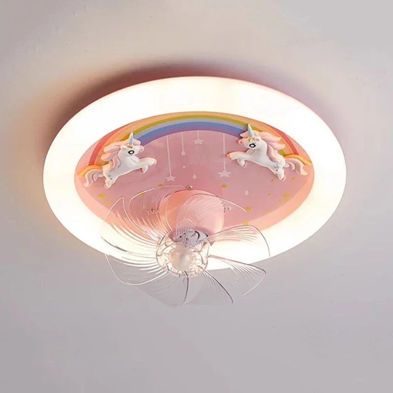 Creative LED Ceiling Light with Fan Pink Princess Children's Room Bedroom Ceiling Fan Resin Unicorn Rainbow Remote Control 220V