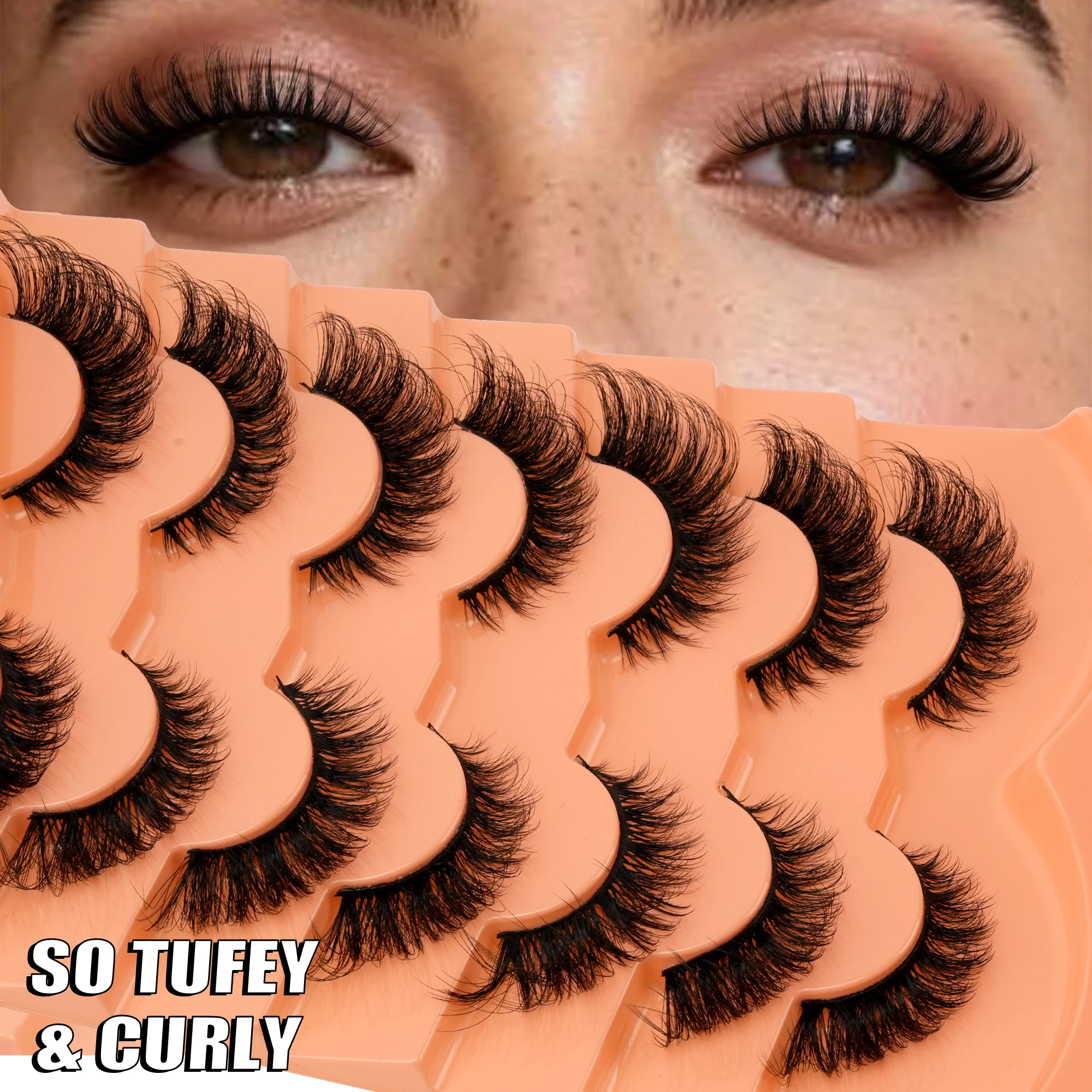 7 Pairs 3D Wispy Fox Eye Lashes Fluffy Curly Cat Eye False Eyelashes Faux Mink Soft Strip Reusable Eye Makeup